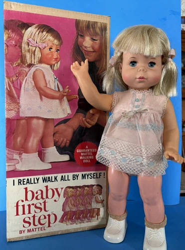 Vintage 1964 Mattel Baby First Step Walking Doll -Works Original Box Made in USA