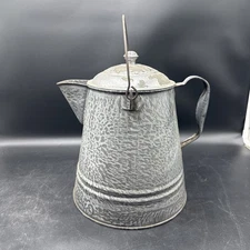Antique Vintage 11" Grey Enamel Granite Ware Coffee Pot Cowboy Campfire Farm