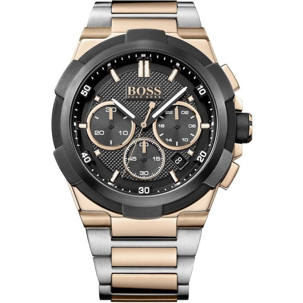Hugo Boss Mens Watch 1513358 Black Dial Two-Tone Silver and Rose