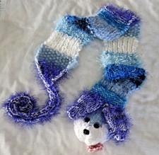 SCARF DOG ADULT HAND KNIT WHITE AND SHADES OF BLUE TAIL LOOPS THROUGH MOUTH