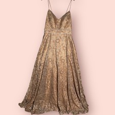 V-Neck Lace Prom Dress Long Ball Gown Evening Formal Gold A-Line Size 14 Pearl