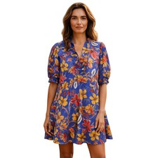 NEW Easel Small Blue Floral Short Dress Smocked Ruffles Puff Sleeve Pockets BOHO