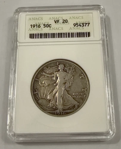 1916-P Walking Liberty Half – Tough Date – ANACS VF20 in Old Soapbox Holder