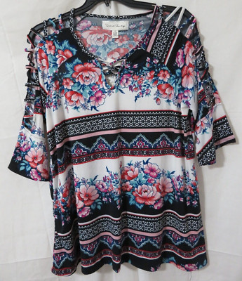 NWT French Laundry Womens Floral Blouse Stretch 3/4 Slit Sleeve Plus Size 1X