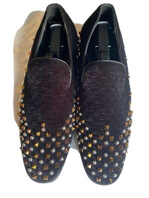 black dress shoes with gold spikes Fiesso Black Suede Gold Spiked Loafers 10 main image 1
