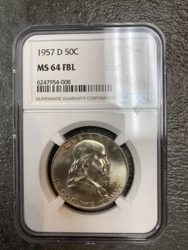 1957 D FRANKLIN HALF DOLLAR 50C NGC MS 64 FBL MINT UNC - FULL BELL LINES