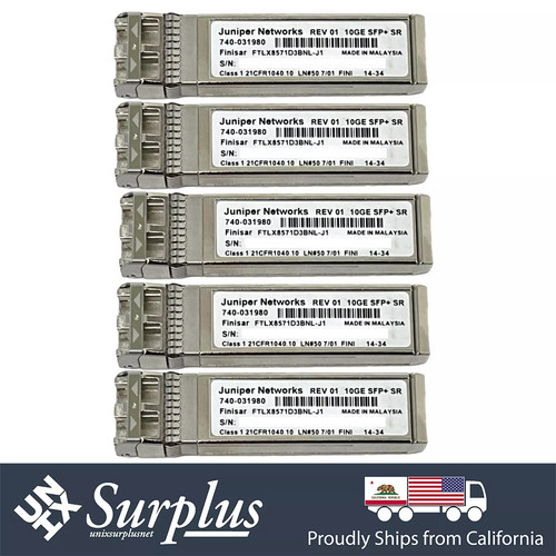 LOT of 5 Juniper Finisar Original 10GB SFP+ SR Optic Transceiver 740-031980