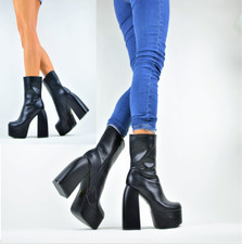 SCHICKE BLOCKABSATZ PLATEAU DAMENSCHUHE GOTHIC STIEFEL-STIEFELETTEN SCHWARZ