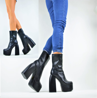 SCHICKE BLOCKABSATZ PLATEAU DAMENSCHUHE GOTHIC STIEFEL-STIEFELETTEN SCHWARZ