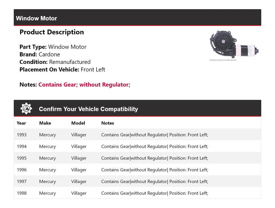 Передний левый оконный мотор Mercury Villager 1993-1998 годов выпуска Cardone 1994 1995 1996 годов выпуска - Изображение 2 из 4