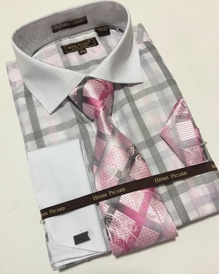 Men/'s HENRI PICARD Dress Shirt Hunter GreenConvertible Cuffs Tie Hanky Set FC150