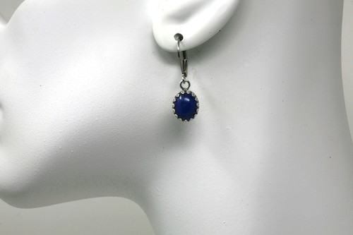 Lapis-lazuli 925 Sterling Silver Oval Crown Bezel Drop Earrings - Picture 2 of 5