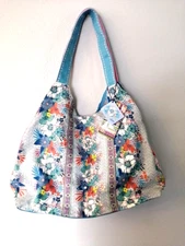 Sun 'N' Sand Womens Tote Blue Floral XL Fabric Snap Close Double Handles NEW