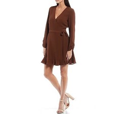 New GIANNI BINI L Wrap Dress Laura Clay Brown Flutter Long Sleeve V Neck NWT