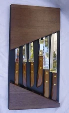 VINTAGE WASHINGTON FORGE TOWN & COUNTRY cutlery set 6 Wood HANDLE + Holder MIB