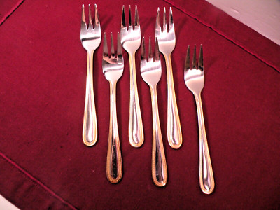 6 EDELSTAHL ROSTFREI 18/10 GOLD BEADED TRIM Cocktail Seafood Forks 5 3/4'' B