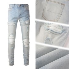 Men's Slim-Fit Distressed Stretch Denim Jeans with Distressed Patches and Fringe