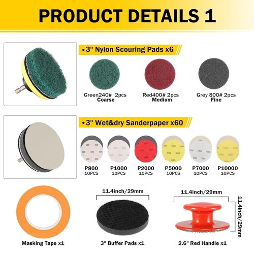 Headlight Restoration Kit,86Pcs 3 Inch Drill Sanding Disc for Car with 1/4 Inch - Picture 3 of 6