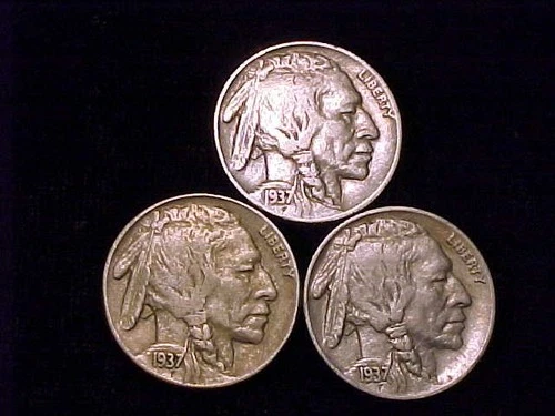 1937-P Fine, 1937-D XF, & 1937-S XF  Buffalo Nickels. A (3) Three Coin Lot.