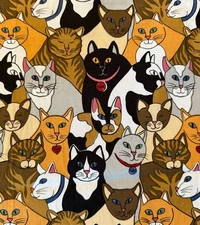 Robert Kaufman Fabric Cats Black Brown Orange w/ Collar & Name Tag 41 x 47”