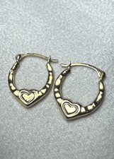 14K Yellow Gold Heart Hoops Earrings Hinged Closure 15mm x 12.2mm Petite New
