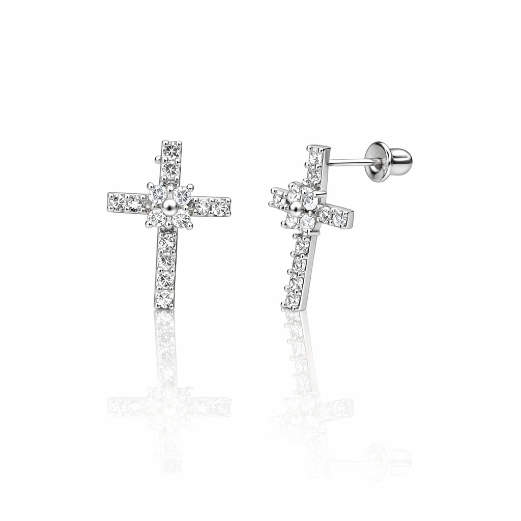 14K Yellow or White Gold CZ Cross Earrings