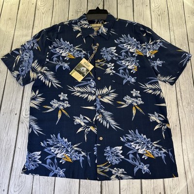 Beyond Paradise Men s LG Hawaiian Shirt Navy Rayon Floral & Leaf Pattern NWT.