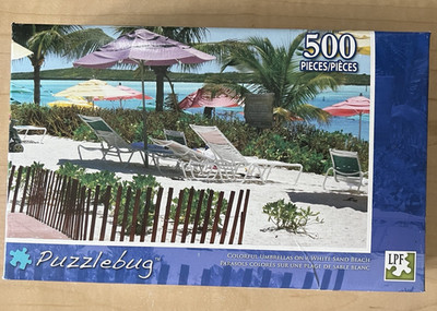 LPF Puzzlebug Umbrella's on a white sand Beach  500 Pc 18''x11'' Puzzle NEW SEALED