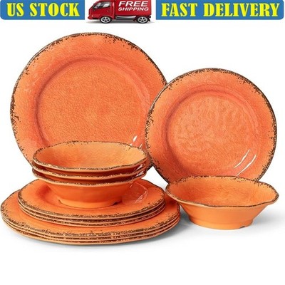 Rustic Melamine Dinnerware Set Chip Resistant Plates Bowls Dishwasher Safe