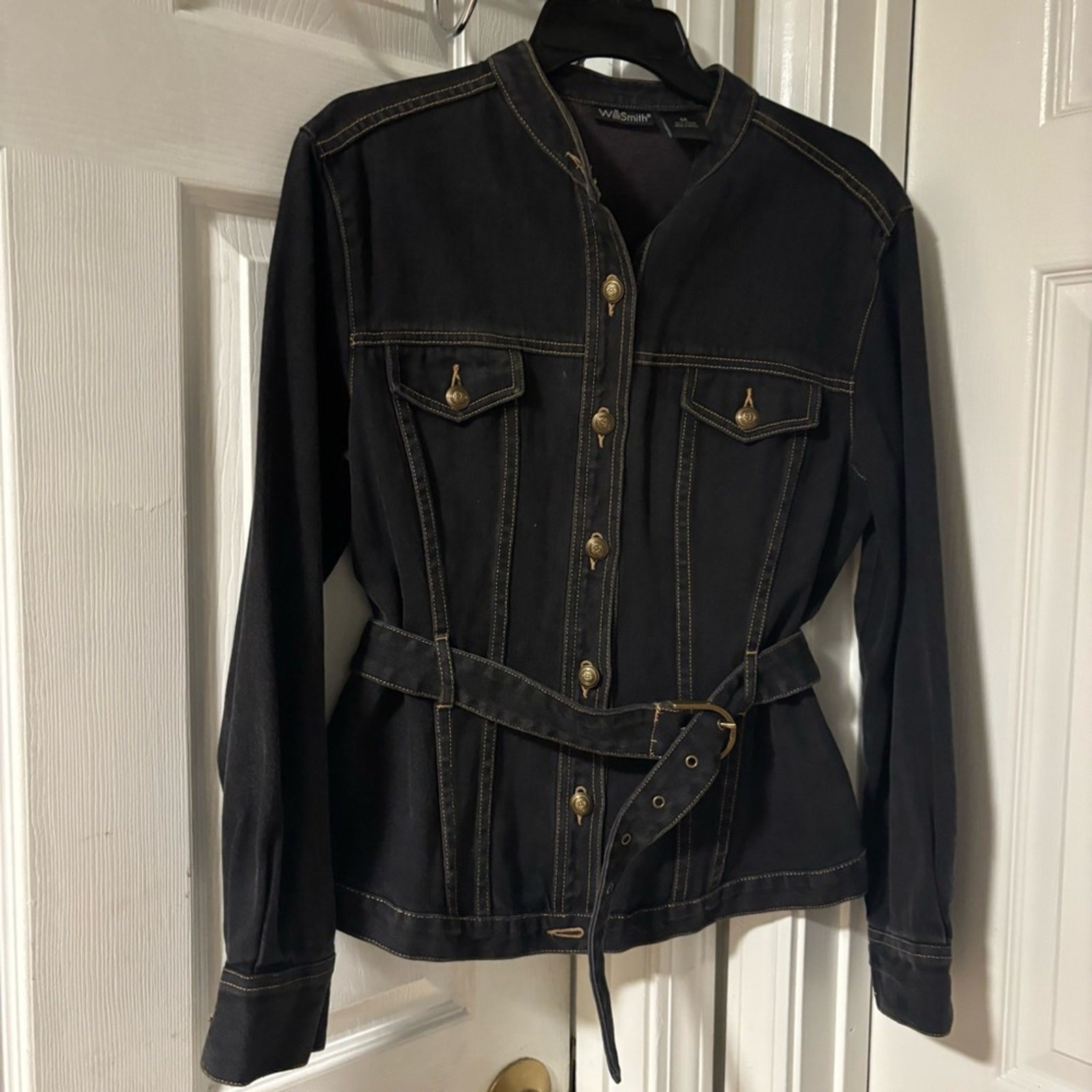 VTG Y2K Will Smith Black Denim Jacket Belt with buckle Size Medium 100% Cotton