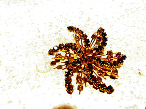 VINTAGE SPINNING STAR AMBER & RHINESTONE IN GOLDTONE SETTING BROOCH