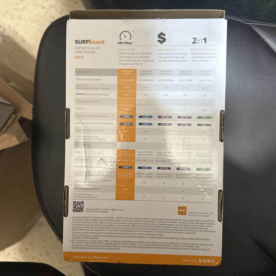 ARRIS SURFboard SBG10 DOCSIS 3.0 16 x4 Gigabit Cable Modem & AC1600 Wi-Fi Router - Image 3 of 4