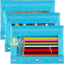 Pencil Pouch for 3 Ring Binder: Pack Clear with Smooth Zipper Large Blue