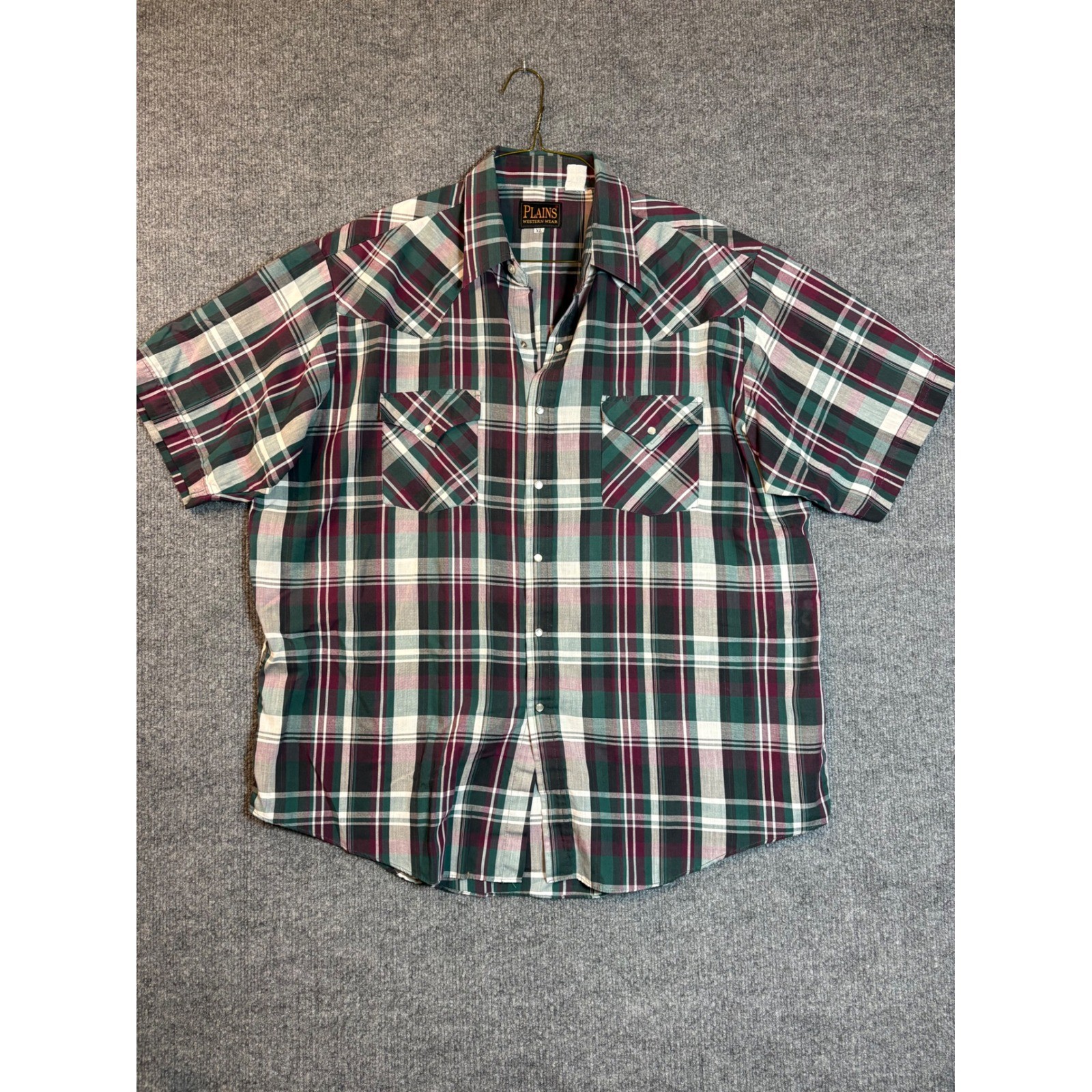 Plains Western Wear Mens XL Green Plaid Short Sleeve Pearl Snap Western Shirt