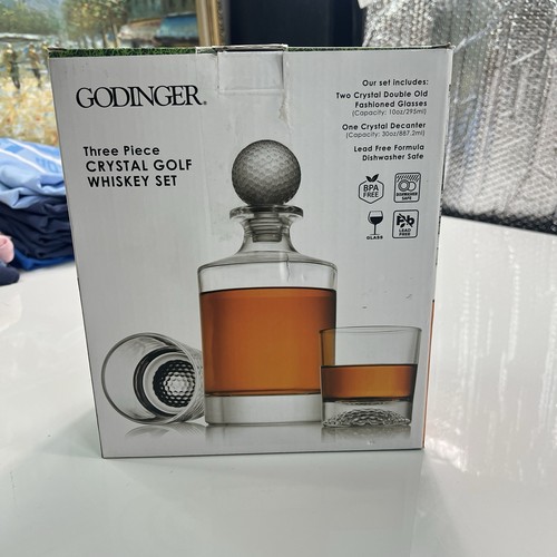 Godinger Crystal Golf Whiskey Set Decanter and Two Double Old Fashioned Glasses - Picture 3 of 9
