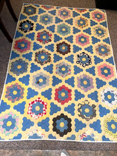 Antique Handmade Quilt Grandma's Garden Yellow Blue Vintage Throw Blanket 81x56
