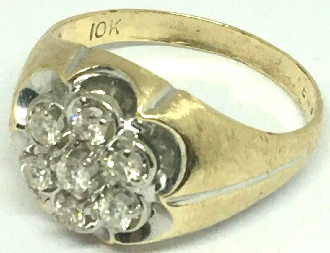 MENS 7 DIAMOND CLUSTER RING 10KY Gold with SCALLOPED EDGES SIZE