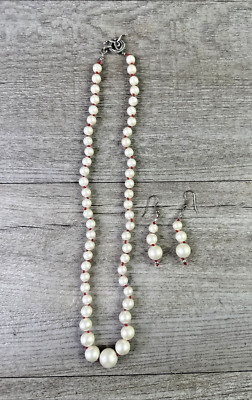 Unbranded Faux White Pearl Necklace & Dangle Earrings Red Cord