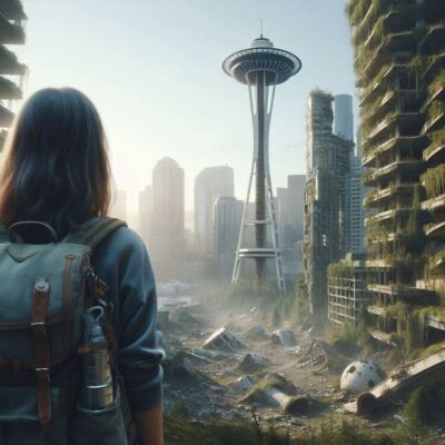 Post Apocalyptic American City Seattle Washington Woman Explores Ruins Poster