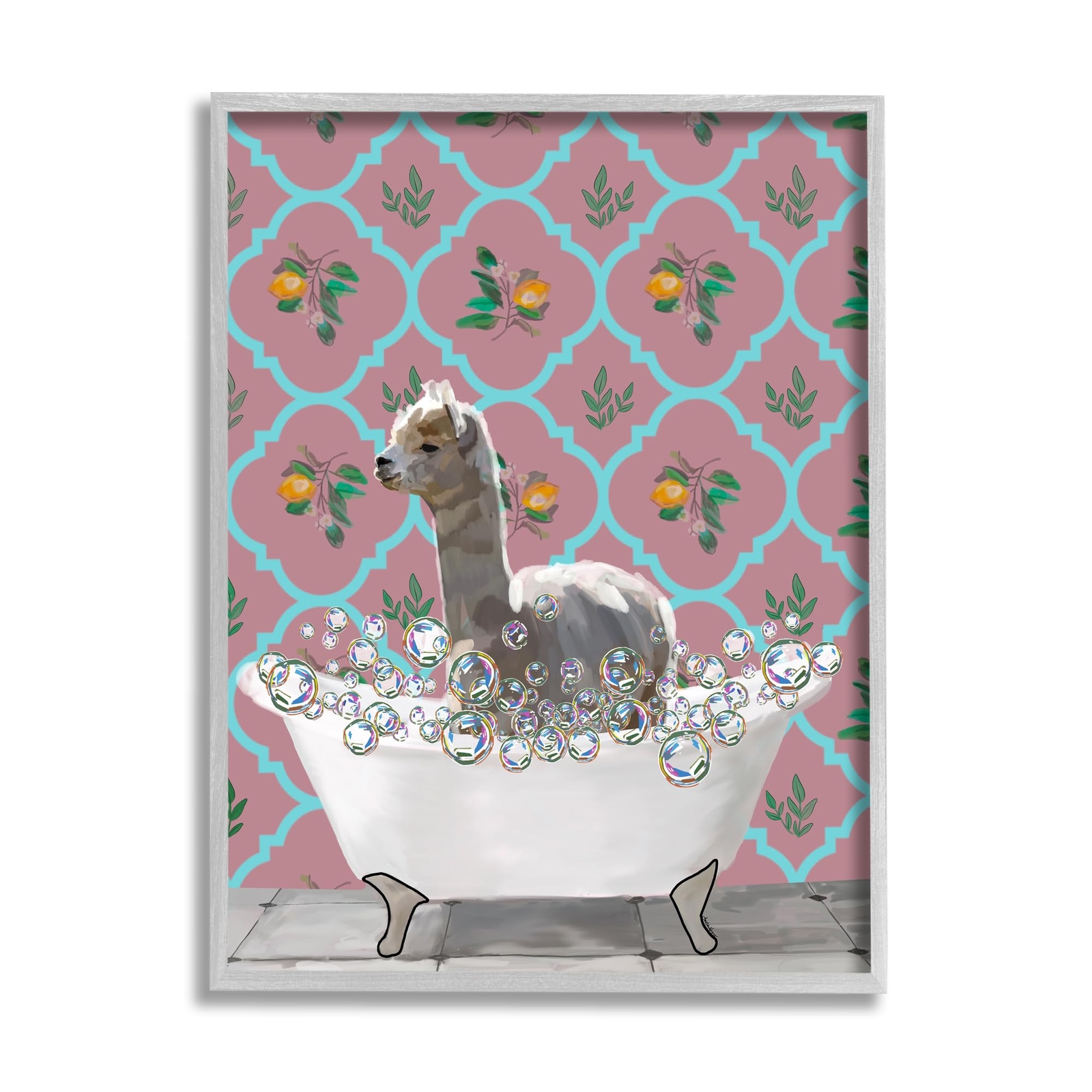 Bathing Llama in Bathroom Gray Framed Giclee Art Design by Amelia Noyes