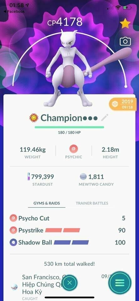 Pokemon Shiny Mewtwo Shadow Ball MaxCp Level 40 - 3 Moveset Master League