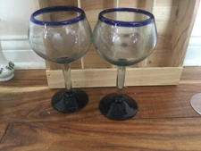 Pair half Novica Mexico  Blown Glass  Baloon  blue rim Large 8''X3.5''