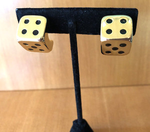 Authentic NOS Cabouchon Gold Tone Dice Earrings Clip-On 18K Gold Plated & Enamel