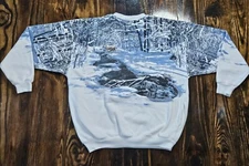 Vtg Christmas Sleigh Ride Art Unlimited All Over Print Wrap-around Sweater Large