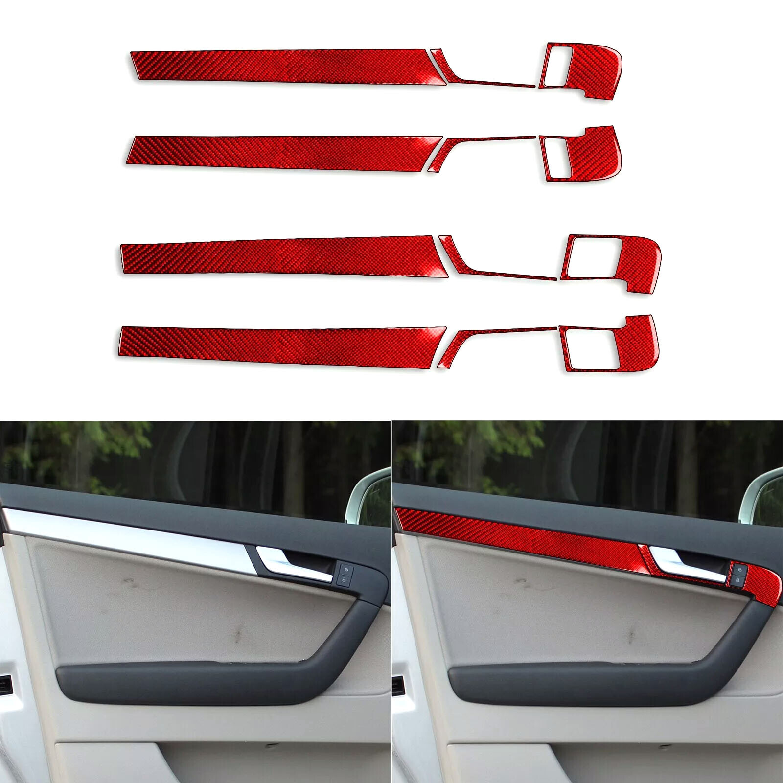 12Pcs Red Carbon Fiber Interior Door Panel Cover Kits For Audi A3 S3 8P 2006-07