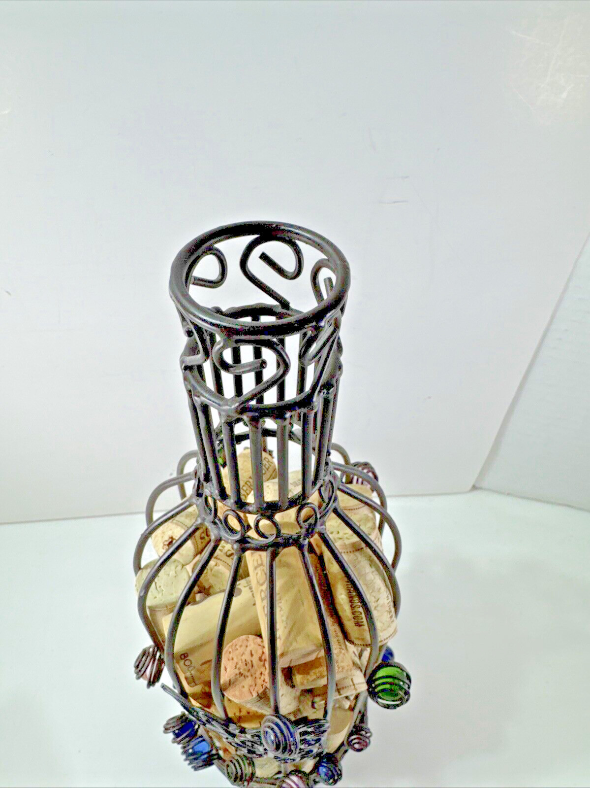 13.75" Decorative Marble Brown Bottle-Shaped Wire Wine Cork Holder w Corks