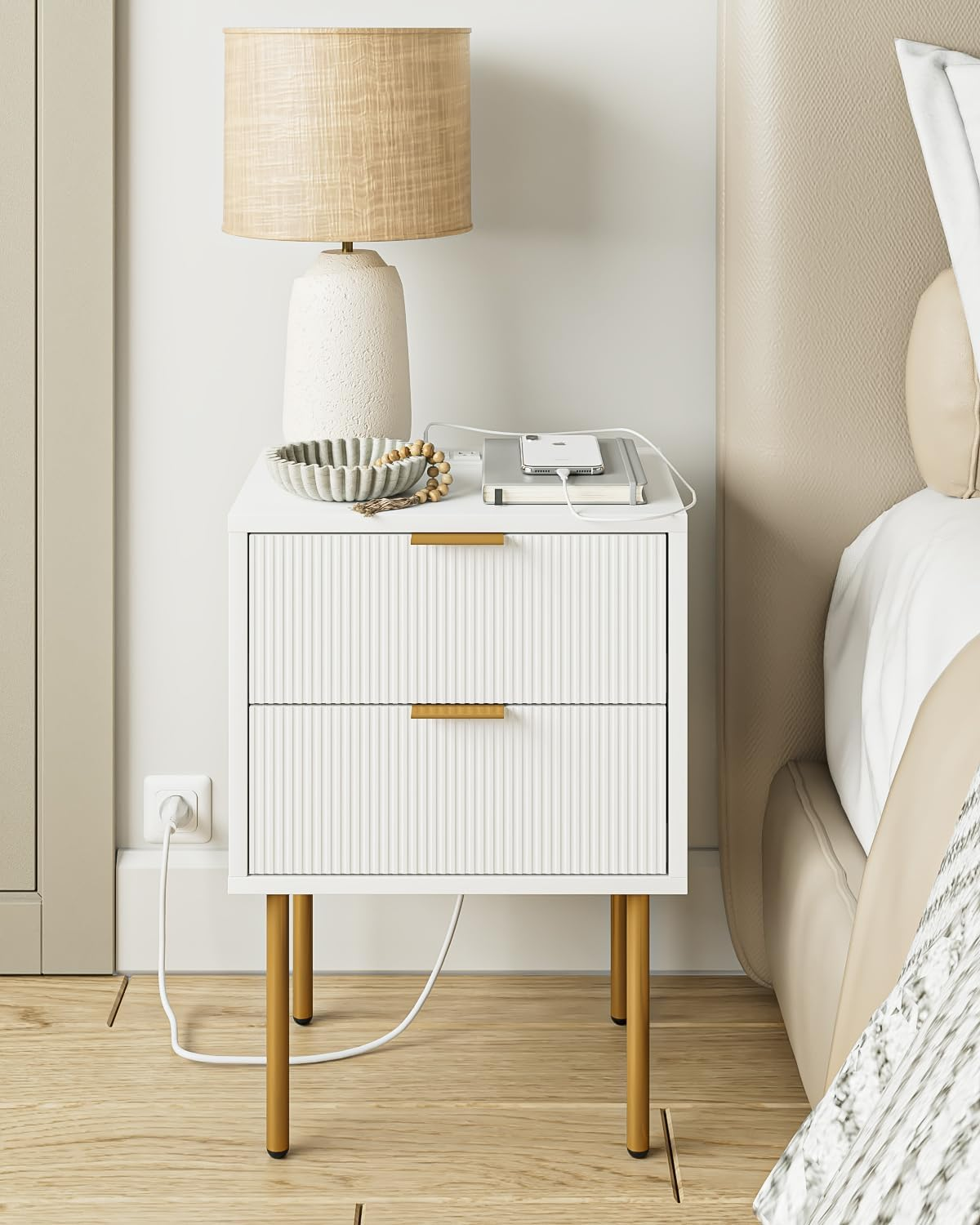 Modern White Nightstand with Gold Frame & USB Charging Station-image
