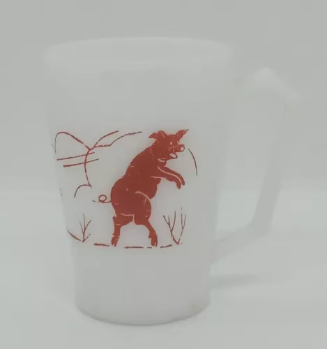 HAZEL-ATLAS 1950s VINTAGE MILK GLASS 3 LITTLE PIGS CHILD'S 4oz CUP ~ WHITE / RED