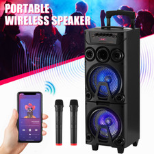 Dual 8" Wooden Bluetooth Party Speaker Portable Heavy Bass TWS 2 Mics LED System