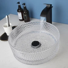 16" Bathroom Clear Glass Sink Round Crystal Basin Bowl Combo Black Faucet Drain